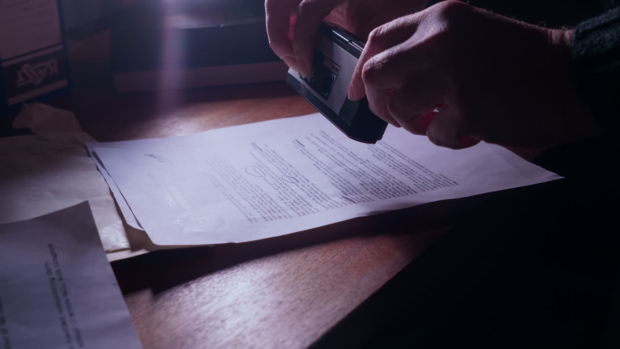 Low light scene of individual discreetly capturing images of confidential papers. Ideal for espionage, investigation and secrecy themes