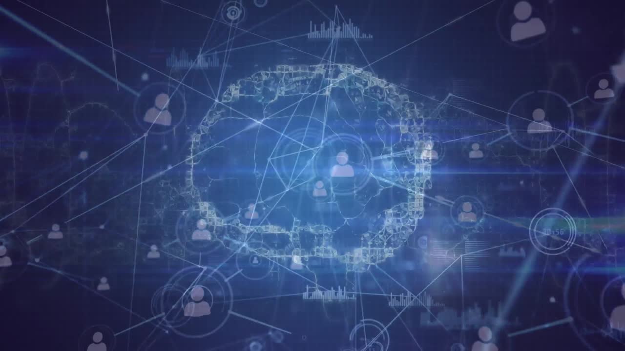 Animation of network of profile icons and data processing against human brain icon and light trails