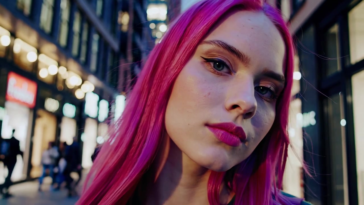 Mulher Jovem Estilosa com Cabelo Rosa Posando em uma Rua da Cidade à Noite