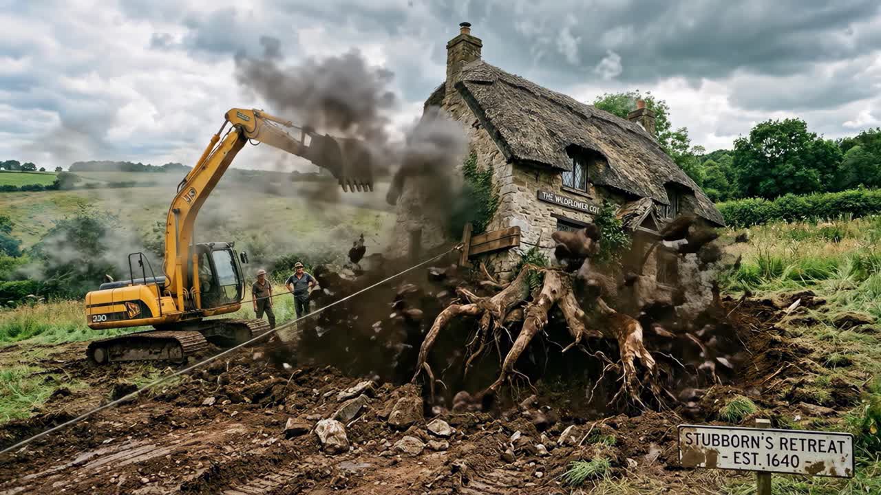 Escavatore che traina un vecchio cottage in pietra con tetto di paglia
