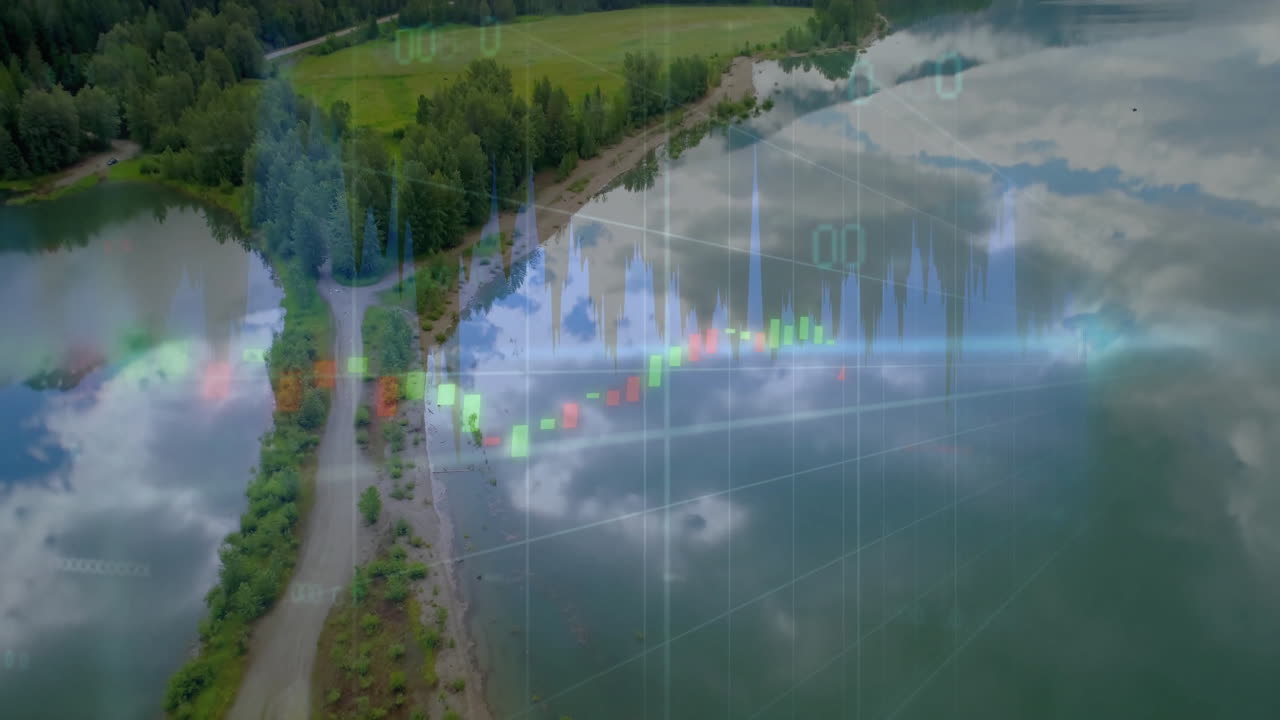 Tree lined shoreline running along calm lake, candlestick and line charts overlaying in flat design