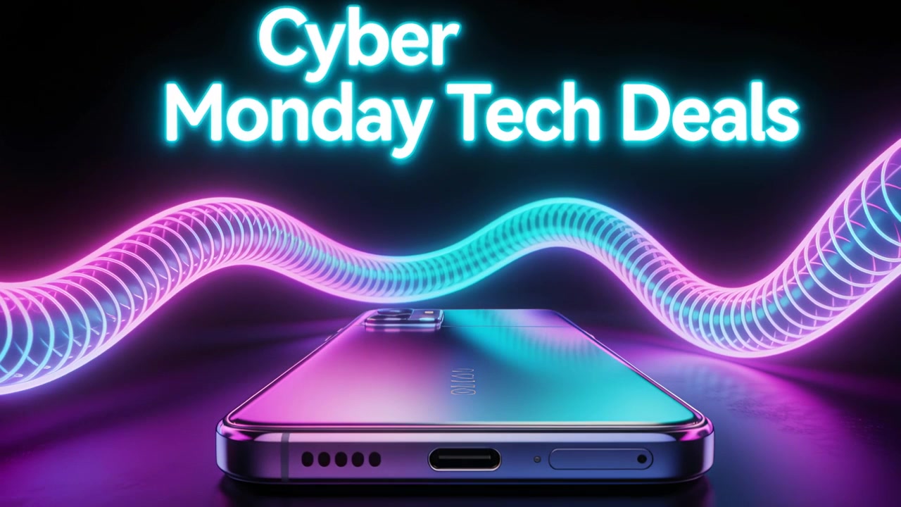 Entering left neon ribbon casting cyan glow over phone at studio showing Cyber Monday Tech Deals