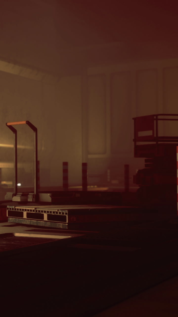 Scene in a dimly lit warehouse with empty shelves and equipment