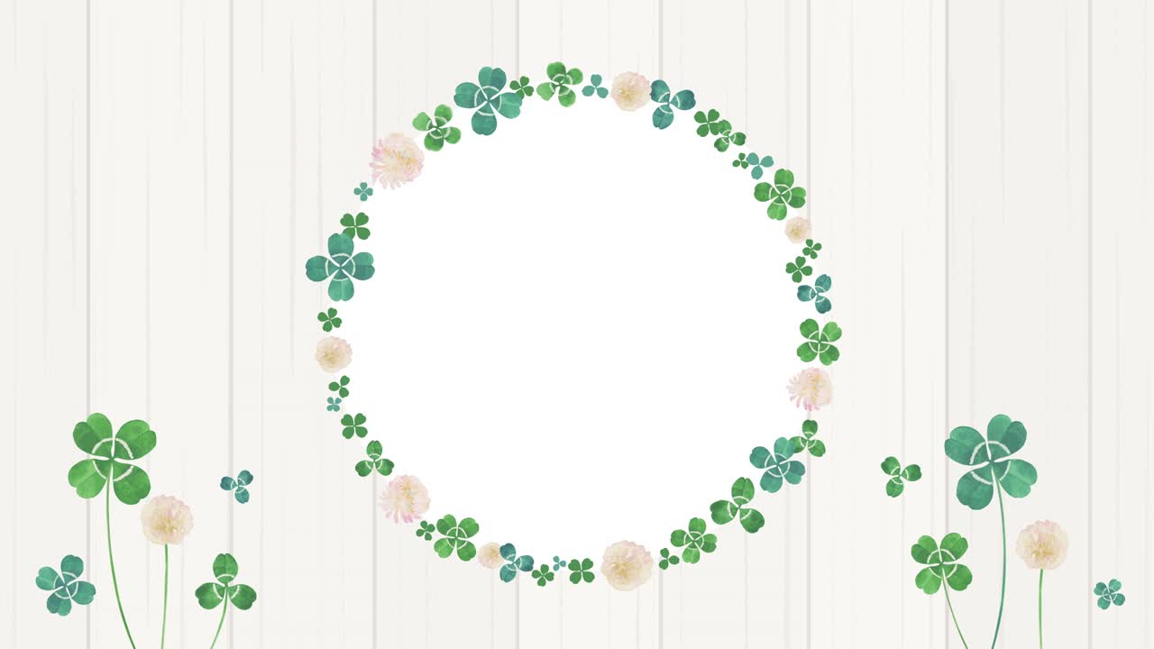 acuarela de trébol. corona en el centro, decoraciones a la izquierda y a la derecha (grano de madera blanca)