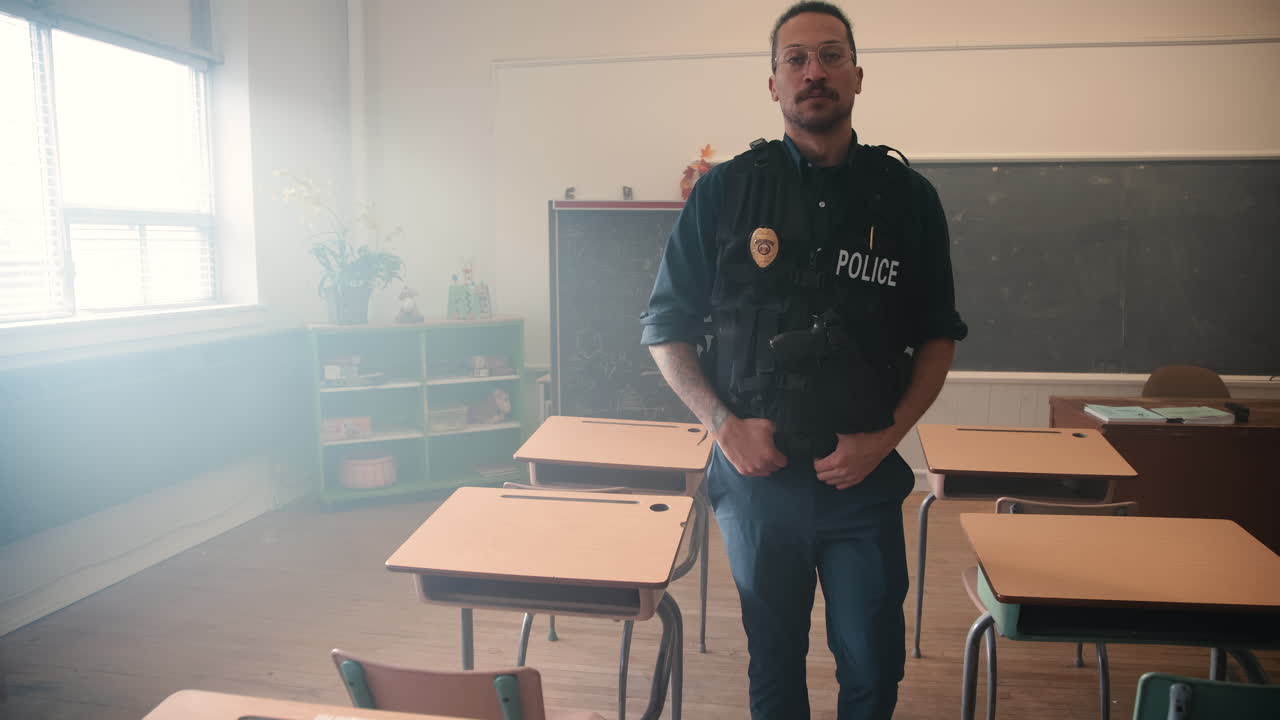 Polizist geht durch ein Klassenzimmer voller Schreibtische