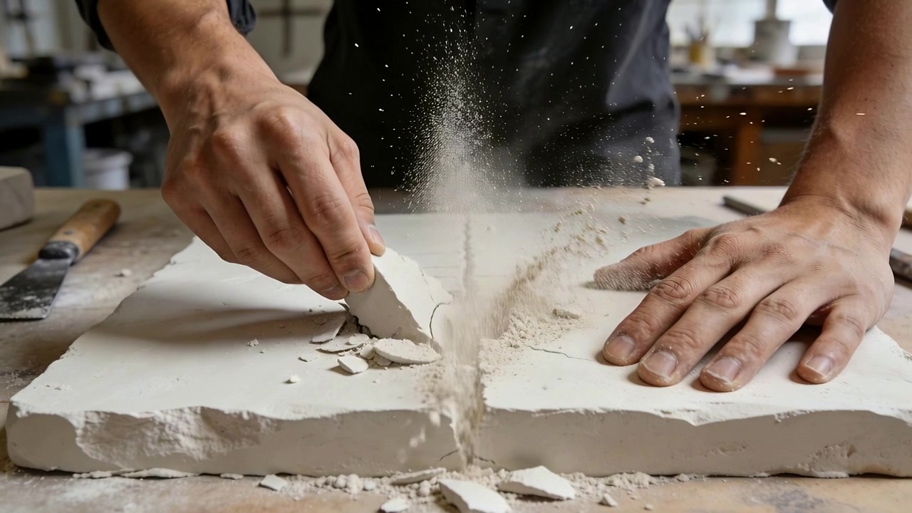 Pressing scraper into crack, maker in dark apron scraping, lifting chip at bench for repair