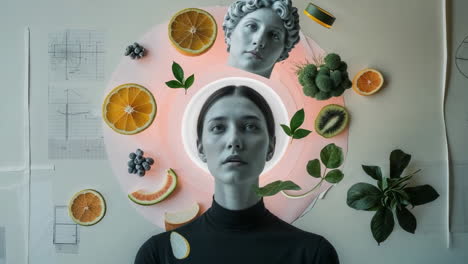 conceptual image of a woman surrounded by fruits, vegetables, and classical sculpture
