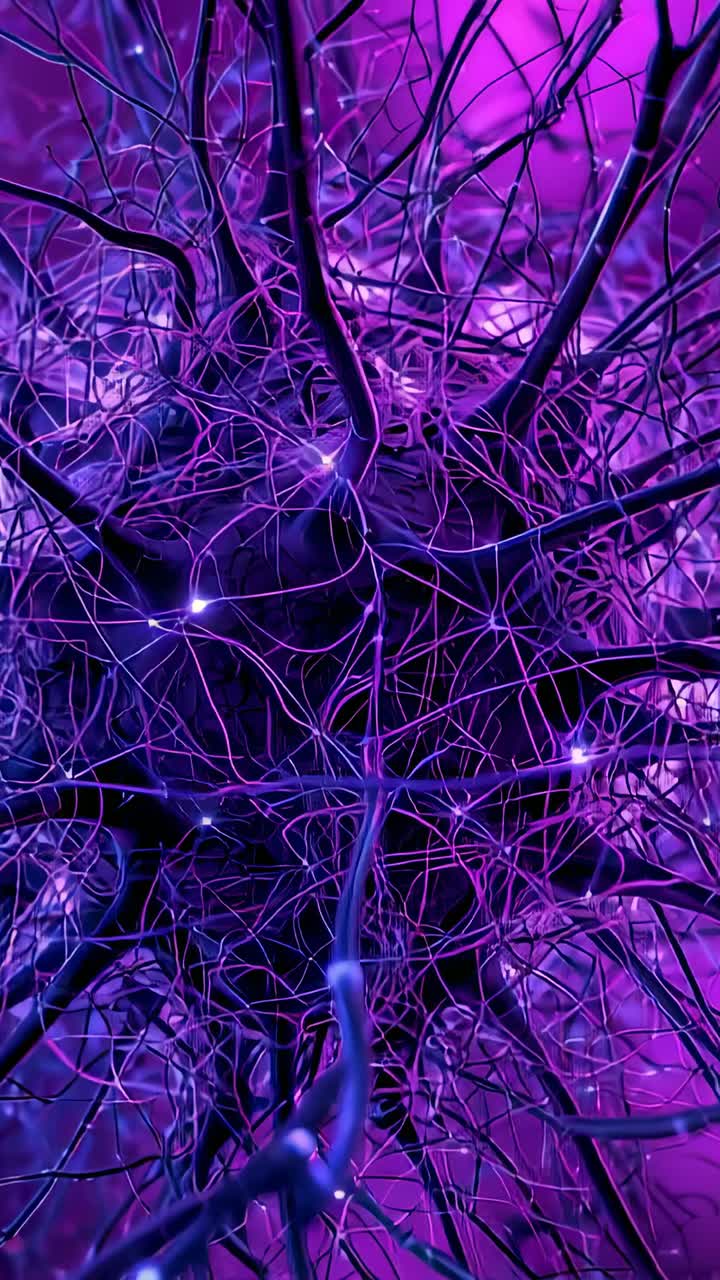 Vertical video: Zooming view revealing pulsing filaments and glowing nodes inside neural network