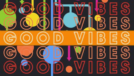 Animation-of-good-vibes-text-repeated-over-shapes-on-black-background