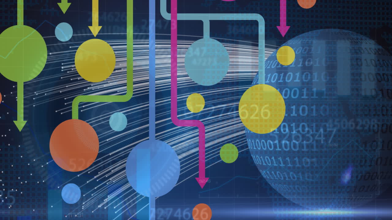 formas abstractas coloridas y números cambiantes múltiples contra la codificación binaria en el globo