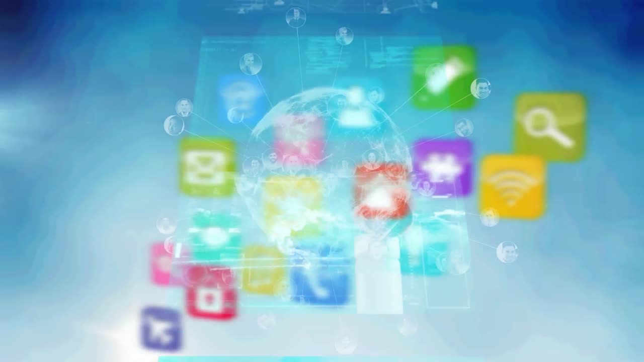 전 세계에 걸쳐 디지털 아이콘으로 연결된 네트워크의 애니메이션