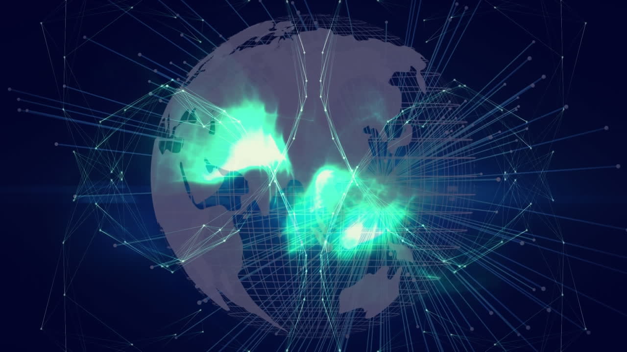 회전하는 지구에 대한 녹색 디지털 파동을 통해 연결 네트워크의 애니메이션