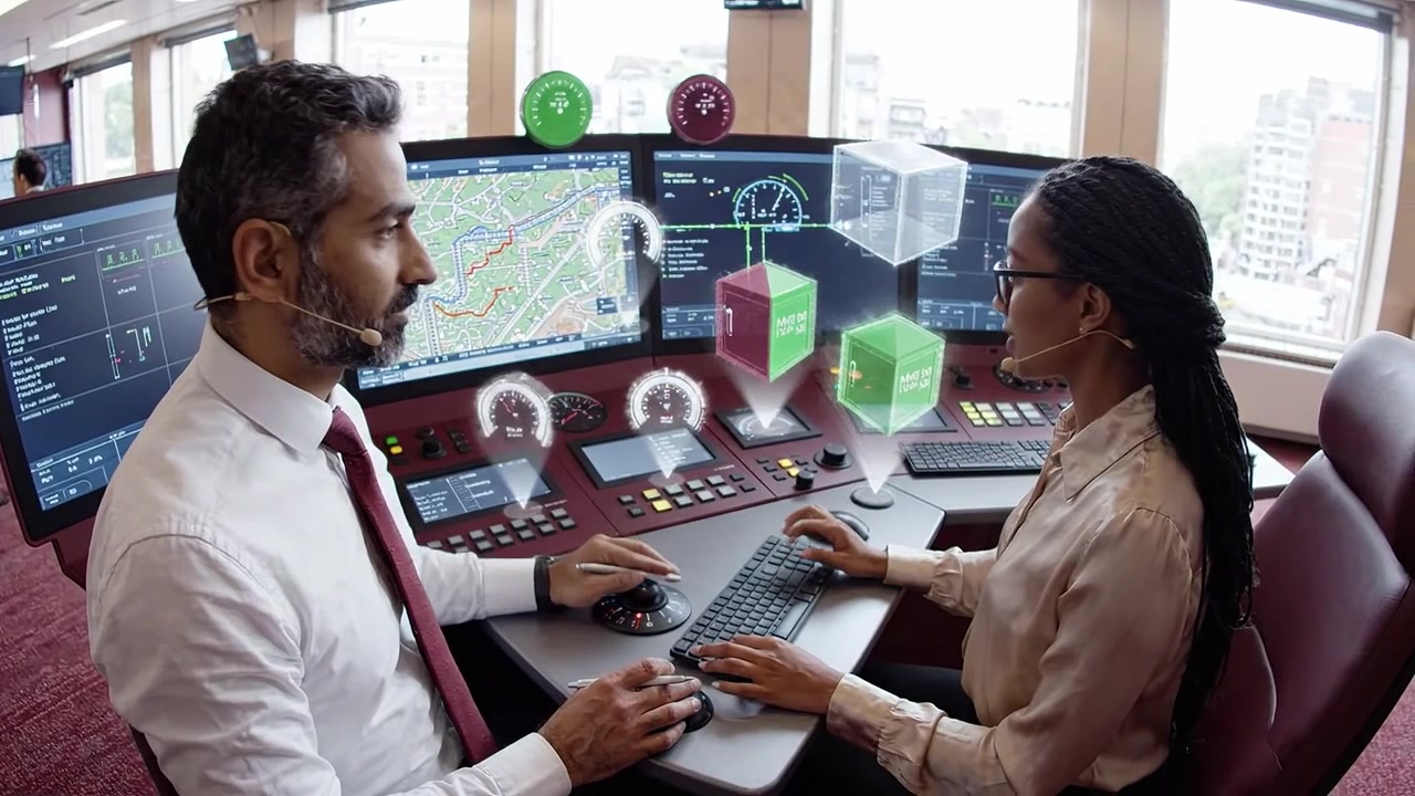 Professionals Interacting with Holographic Data in a High-Tech Control Room
