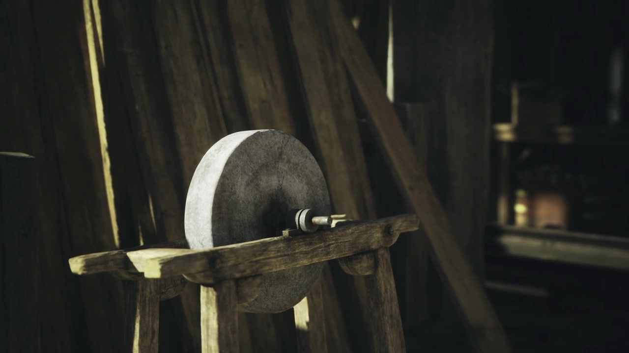 Detailed image of whetstone leaning against timber surface with textured grooves
