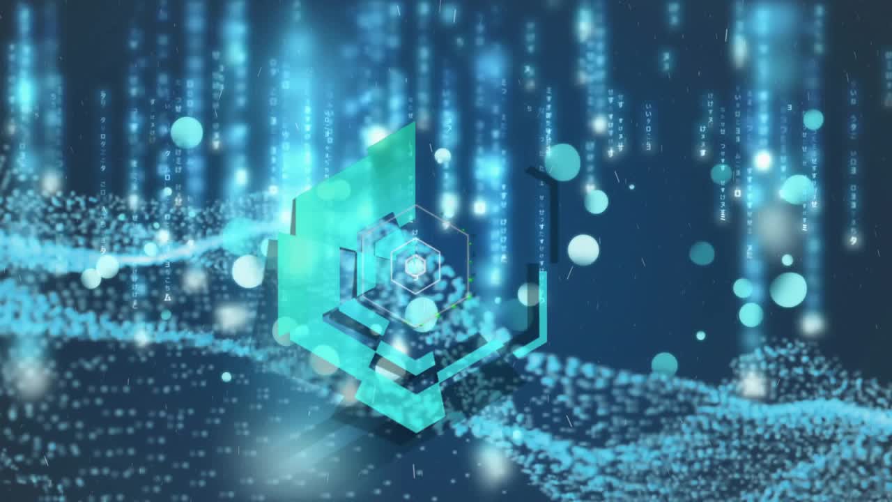 Particle wave initiating digital rainfall, hexagon emerging, rotating, fragmenting visualizing flow