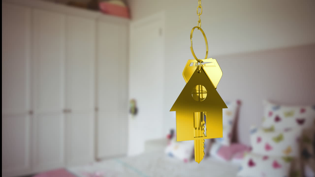 색 배경에 디지털 풍경 위에 집 키 포브와 함께 금색 키의 애니메이션