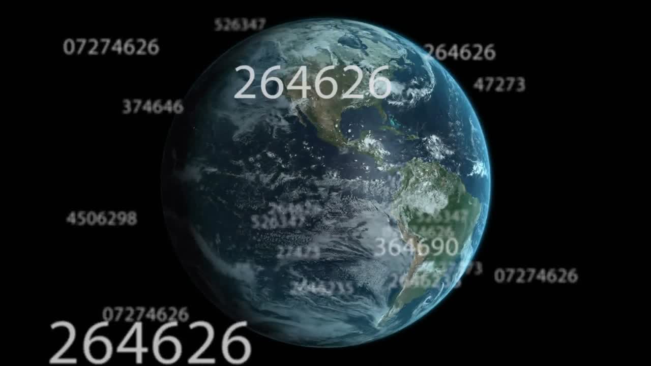 Chiffres multiples en évolution devant un globe terrestre en rotation, sur fond noir