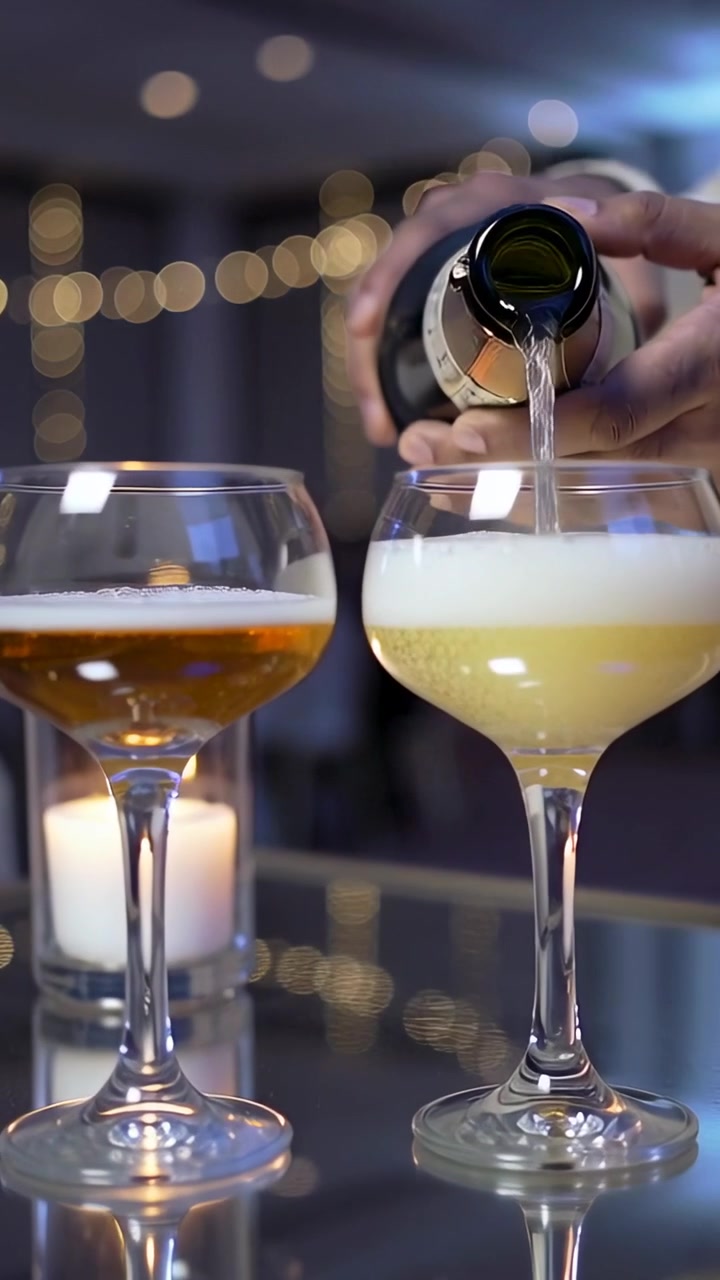 Vídeo vertical: Anfitrião entrando com blusa, servindo garrafa na taça coupe à direita sobre a mesa para um brinde perto de uma vela