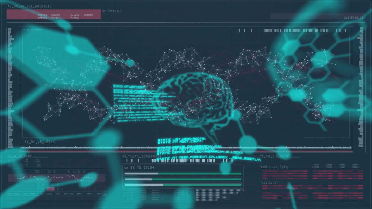Interface appearing, code scrolling and molecules fading, nodes merging into brain, charts updating