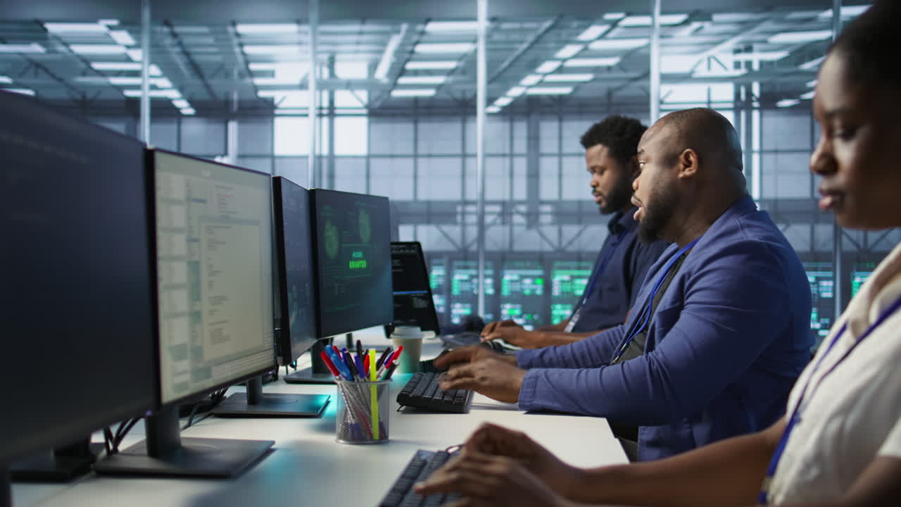 equipo diverso trabajando en una sala de servidores