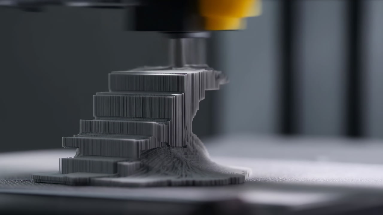 Closeup Printer Nozzle Extruding Grey Filament, Layered Staircase Model Grows With Precise Deposition