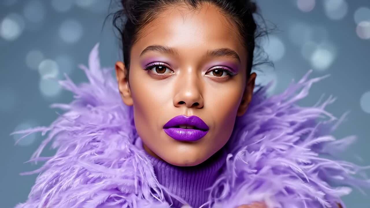 A woman wearing a purple feathered jacket and purple lipstick