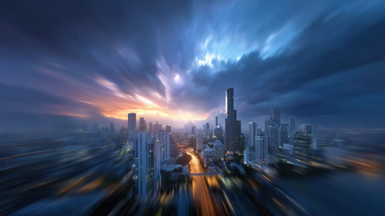 A Stunning Cityscape Transition from Day to Night Captures the Dynamic Essence of Urban Life, Illuminated by Twilight and Artificial Lights in a Modern Metropolis