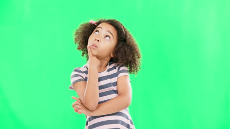 thinking, idea and green screen with young girl