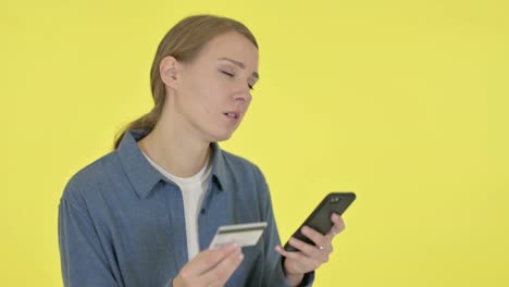 Online Shopping Failure for Woman on Yellow Background