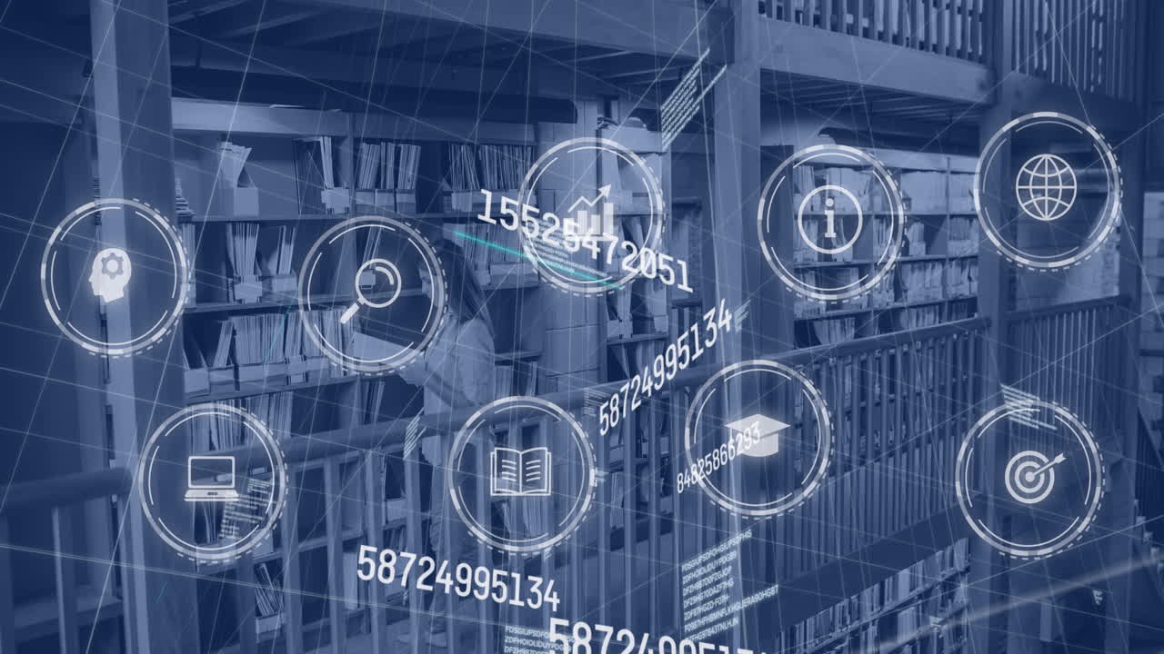 animación de la red de iconos y procesamiento de datos sobre la mujer caucásica en la biblioteca