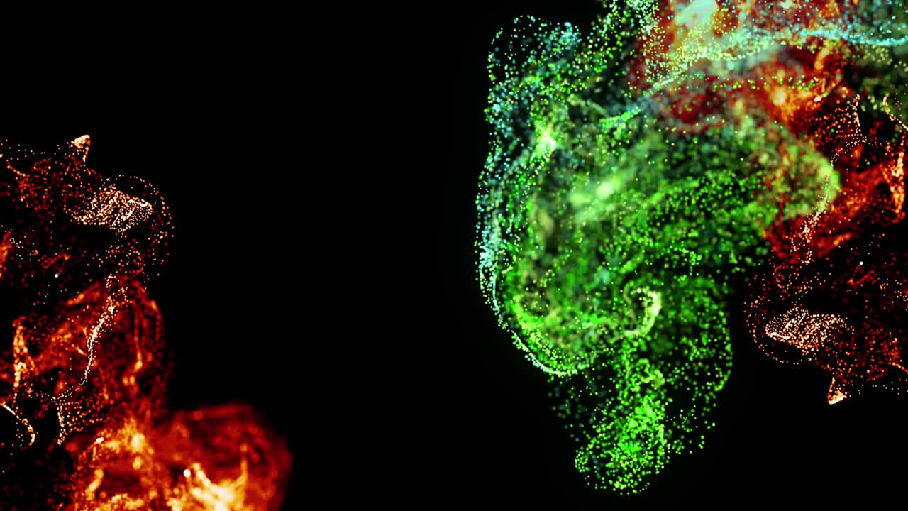 animación de nubes de partículas rojas y verdes brillantes que se mueven sobre un fondo negro