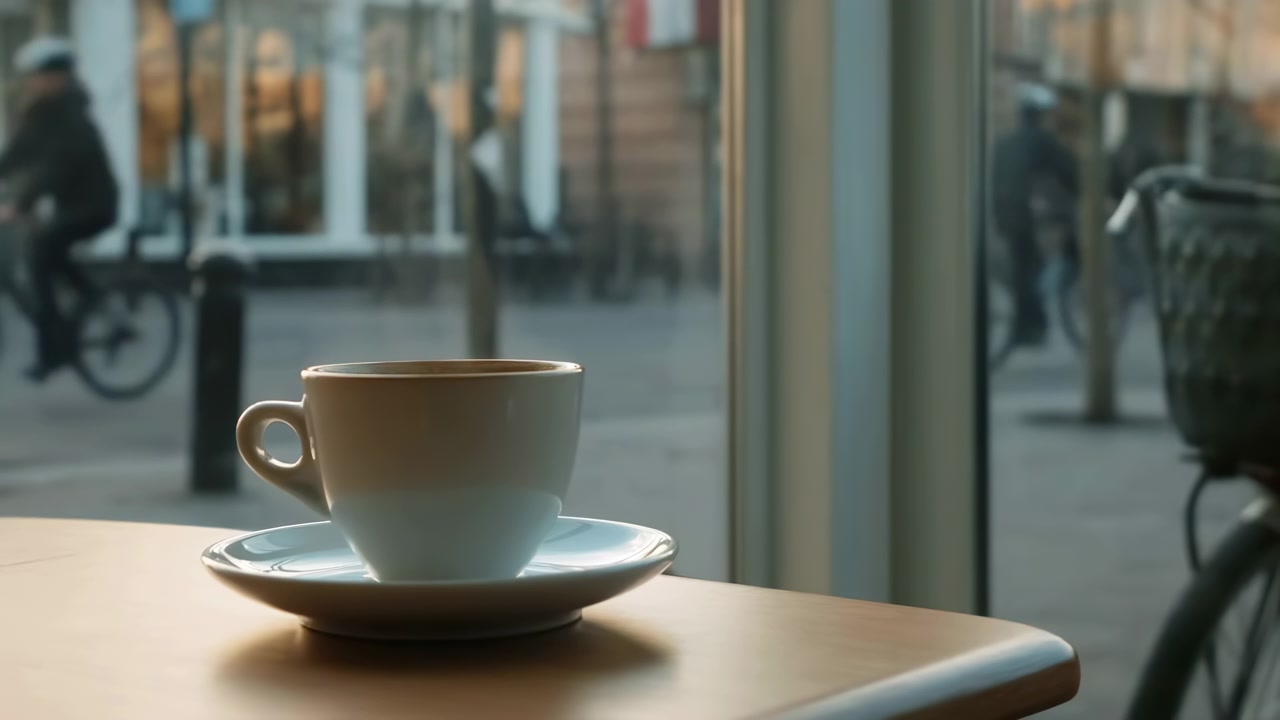 Tazza da caffè in ceramica bianca su un tavolo di legno vicino alla finestra al centro di un caffè urbano, sequenza che mostra