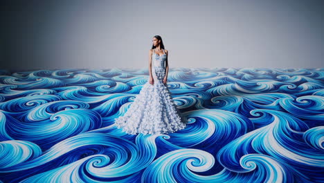 elegant woman in a swirling blue and white gown on an abstract wave floor