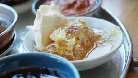 honeycomb, butter, and bread for breakfast