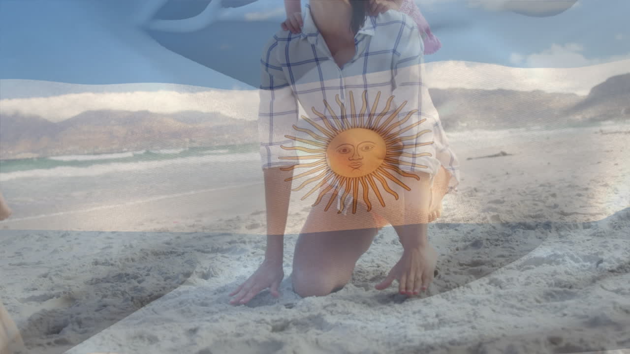 해변에서 백인 가족 위에 아르헨티나  ⁇ 발의 애니메이션