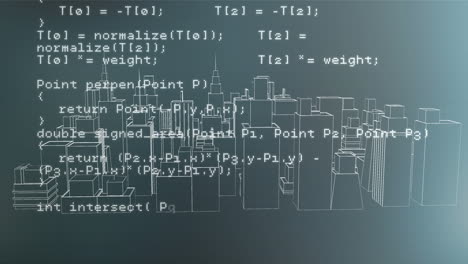 animation of digital data processing over 3d cityscape spinning