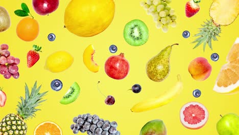 creative 4k stop motion video animation of many different exotic tropical bright fruits that quickly appear on a yellow summer background and disappear. view from above. seamless loop.