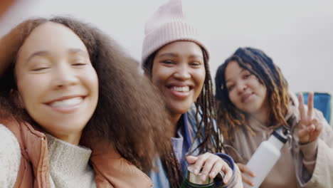 Friends,-selfie-and-peace-sign-outdoor-in-nature