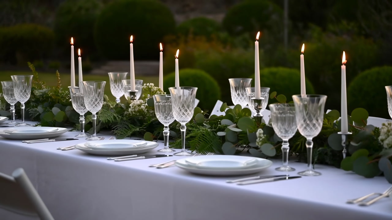 Candlelit Outdoor Dining Table Set With Crystal Glassware, Taper Candles, White Linen, Eucalyptus Garland,