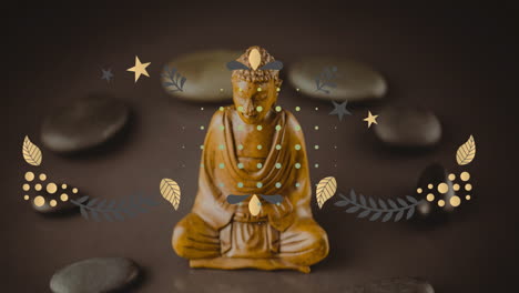 animation of looping circles over leaves and stone around buddha statue