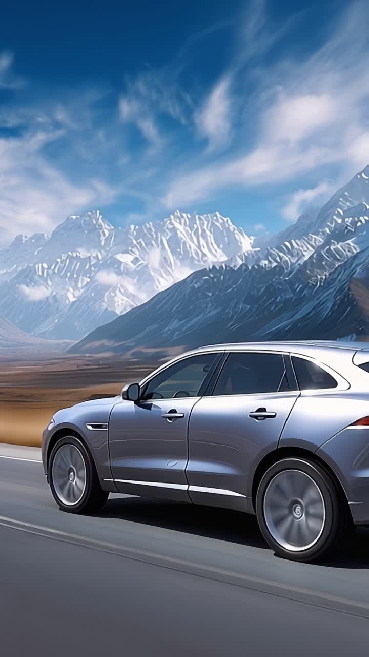 Un SUV di lusso elegante e moderno che percorre una pittoresca strada di montagna, mettendo in mostra il suo design mozzafiato su uno sfondo di maestose cime innevate e cielo azzurro.