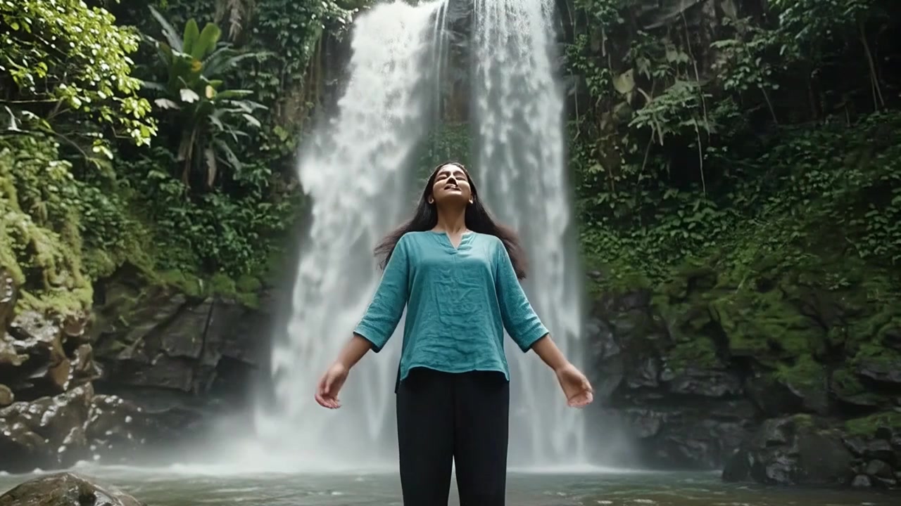 Jovem Mulher em Frente a uma Cachoeira Tropical