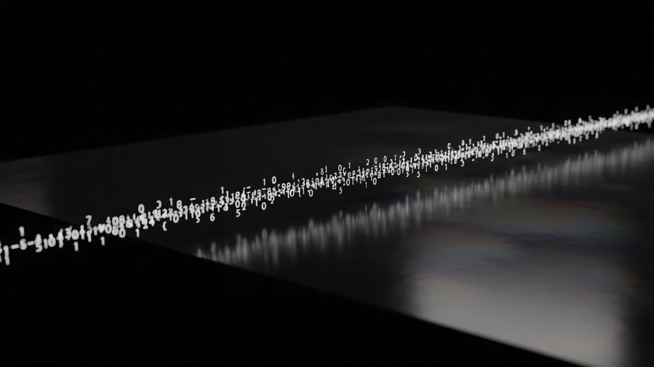 A Visual Representation of Numeric Data Flowing Across a Reflective Surface in a Dark Environment, Showcasing the Interaction Between Light and Digital Elements