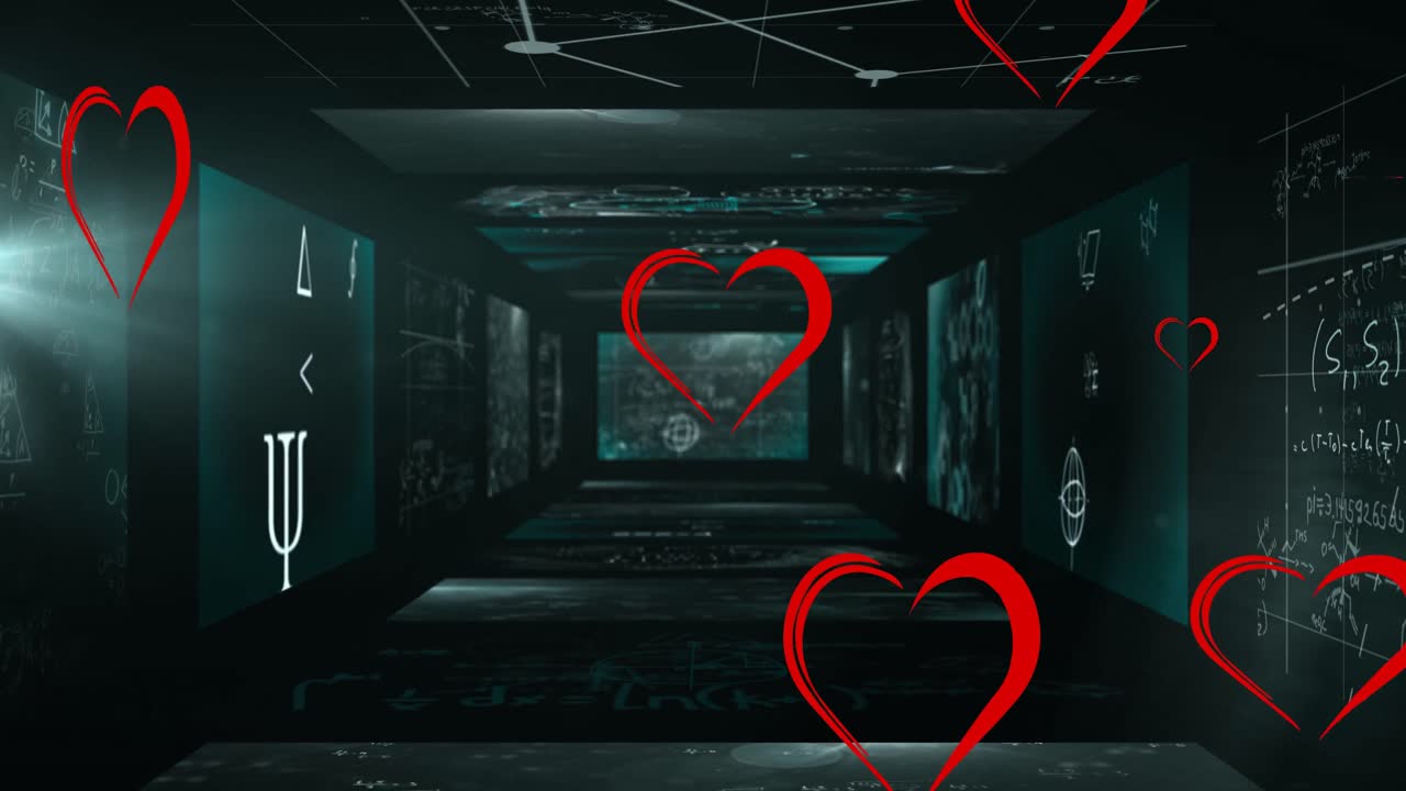 анимация икон сердца над математическими уравнениями над экранами на черном фоне