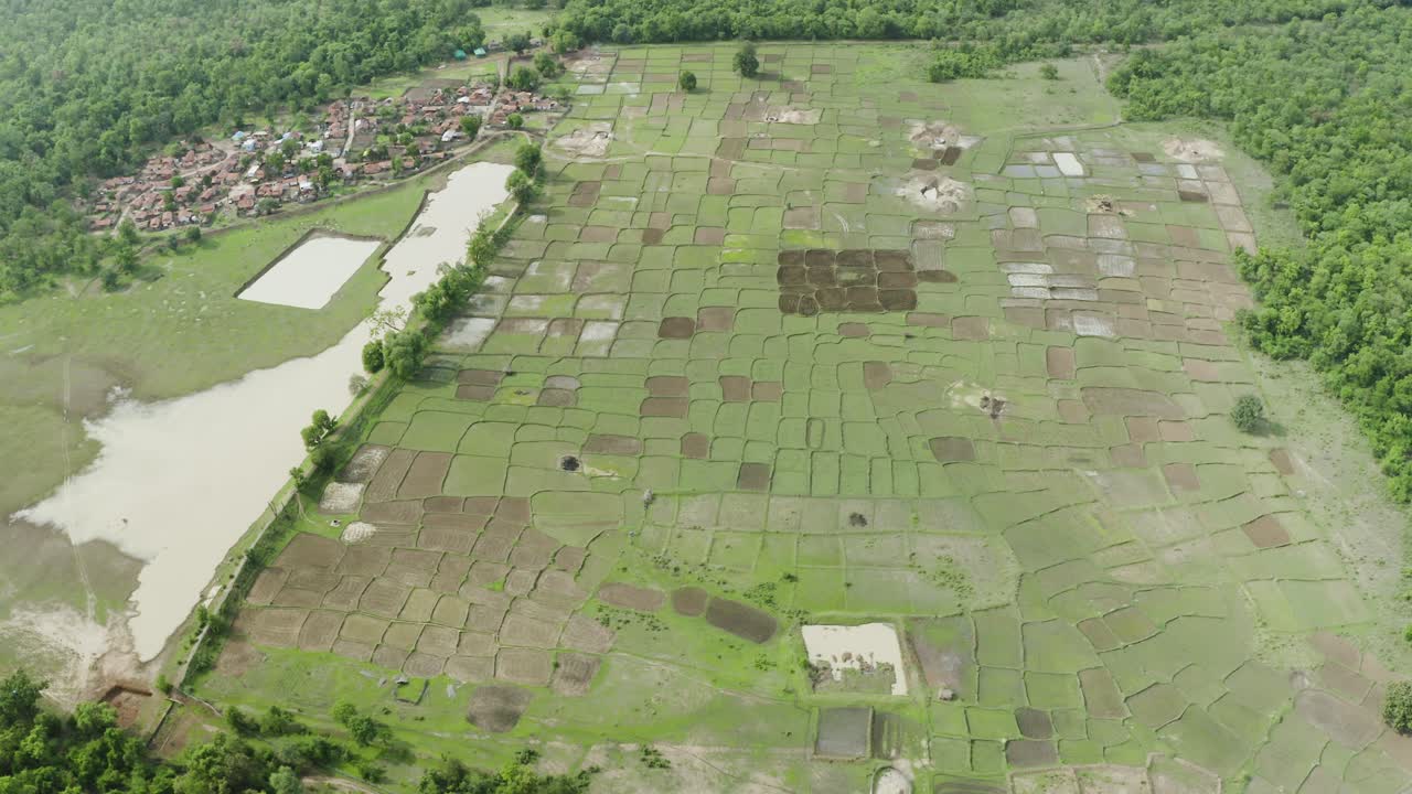 Aerial View of Farmland and Village in Rural India