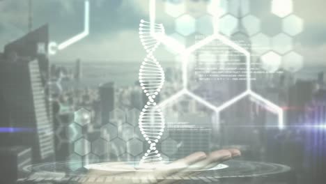 Animation-of-dna-strand-and-scientific-data-processing-over-cityscape
