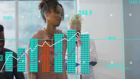 animation of data processing over diverse business people in office