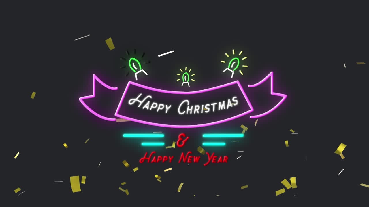검은색에 금색 콘페티가 떨어지는 네온 표지판으로 계절별 인사 텍스트의 애니메이션