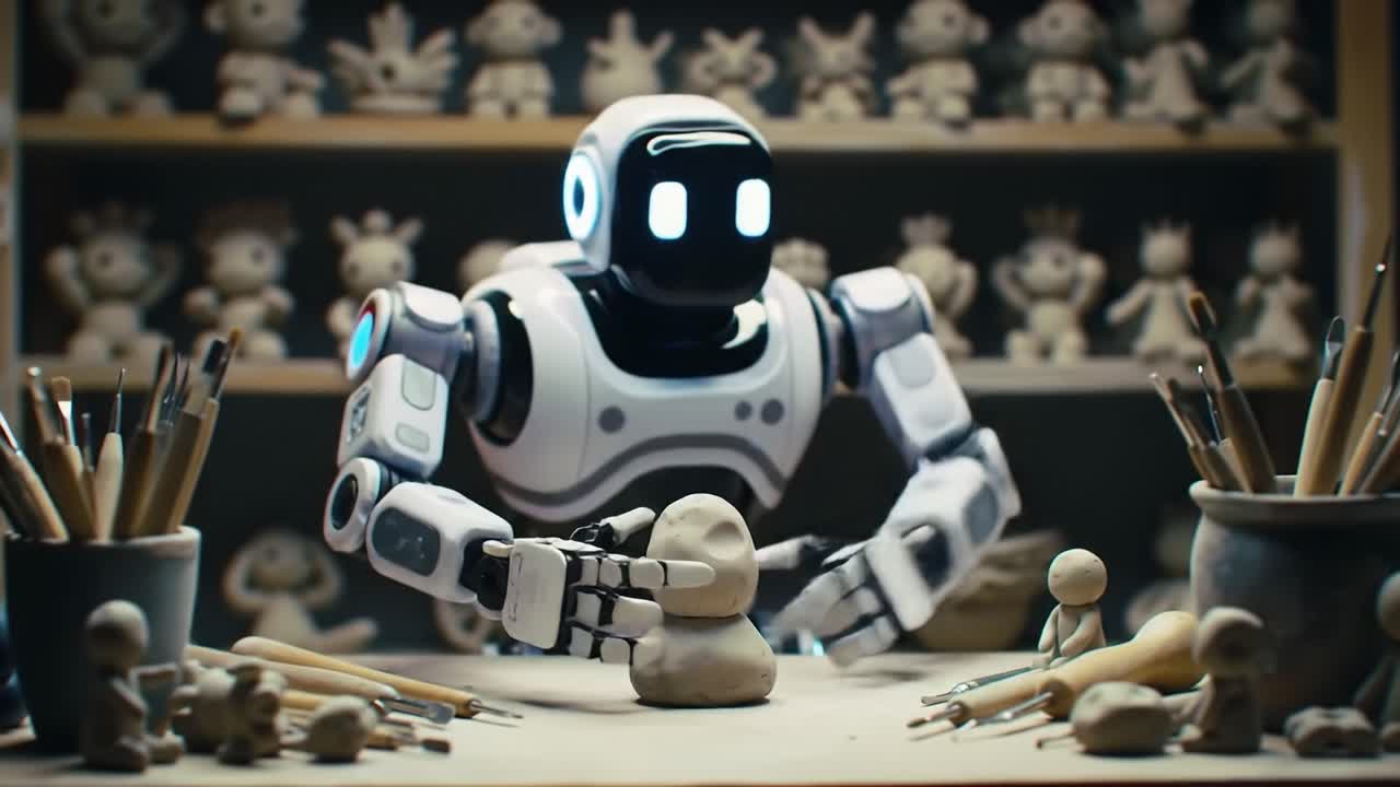A robotic artist skillfully molds clay into unique figures in a creative studio. Surrounded by art supplies, it demonstrates precision and innovation, showcasing the fusion of technology and artistry.