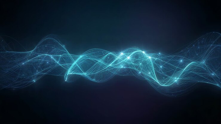 Play starting, teal ribbon waveform looping and moving right across navy backdrop, with spark nodes